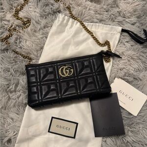 Gucci Black Quilted Leather Crossbody with Gold GG Chain